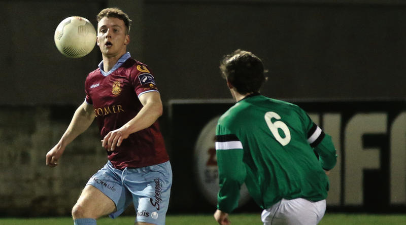 Galway United’s Cormac Raftery gets to the ball ahead of the Mayo League’s JP O’Gorman during Monday night’s EA Sports Cup tie at Eamonn Deacy Park. Photo: Joe O’Shaughnessy.