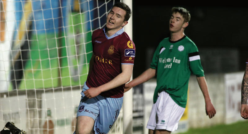 Galway United's Padraic Cunningham turns away in delight after scoring the first goal of his hat-trick against the Mayo League in Monday night's EA Sports Cup tie at Eamonn Deacy Park.