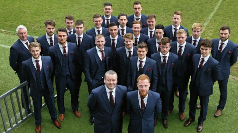 The Galway United squad with manager Tommy Dunne and team captain Ryan Connolly at their media open day at Deacy Park on Tuesday. The Tribesmen kick off the new Premier Division campaign against St Patrick's Athletic this weekend. Photo: Joe O'Shaughnessy.