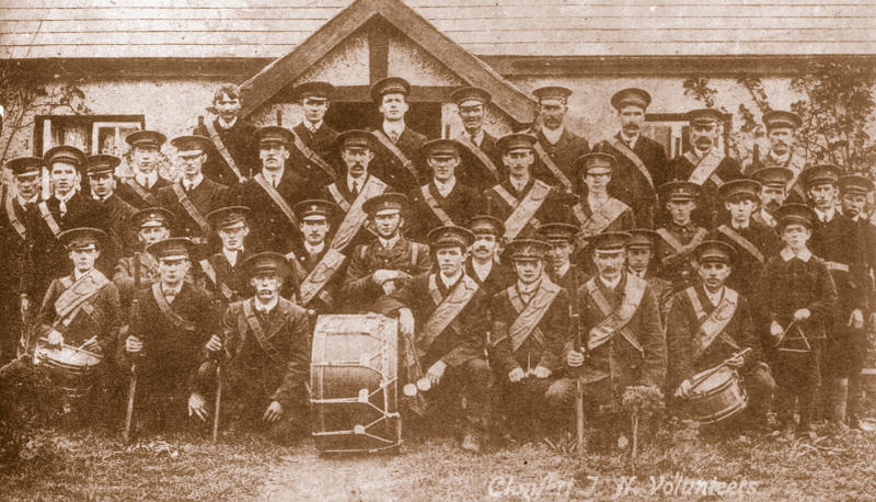 Clonfert Volunteers pictured in front of Killeens/Seamus Kelly's house at Abbeyland Cross, Eyrecourt during the period 1914-1916.