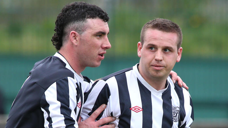 Keith Ward, Galway Hibernians (right) celebrates with Ronan Caldwell after scoring a penalty against St. Bernards FC at Bohermore.