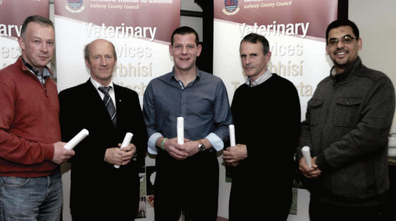 Operatives from 11 Galway abattoirs received EC Certificates of Competence in Animal Welfare at the Maldron Hotel last week, Pictured above: Justin Flannery, Peterswell; Jim Barlow, Glinsk; Eugene McEntee, Tom Lydon, Maam; and Aziz Abdelaziz, Athenry.