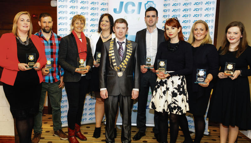 Some of Galway’s Ten Outstanding Young People for 2016 (from left) Gill Carroll, Gavan Hennigan, Jill Ní Dhuinn Bhig, Maria McLoughlin, JCI Galway President Keith Killilea, Barry Duffy, Dorothy Creaven, Maria Phillips and Edel Browne.