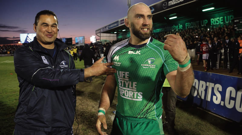 Connacht Head Coach Pat Lam and team captain John Muldoon show their delight after defeating Munster in the Guinness Pro12 at the Sportsground on Saturday night. Photo: Joe O'Shaughnessy.