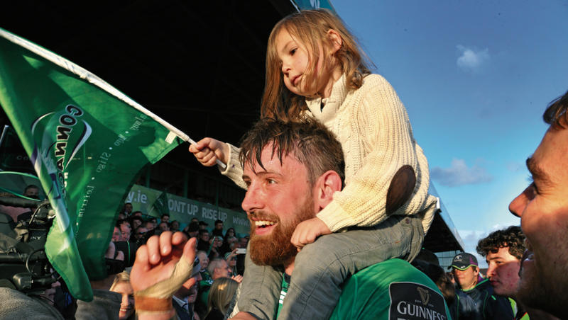 Aly Muldowney, pictured with his son Arlan after Saturday's win, has been the best second row in Irish rugby for two seasons. Photo: Joe O'Shaughnessy.