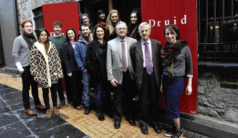 Druid Theatre’s Craig Flaherty (left) and Sarah Lynch (fourth from right) with Peadar Ó hIci and Frank Colohan of the St Anthony’s and Claddagh Credit Union and some of the artists mentored under the FUEL residency. Back row, from left Martin Maguire, Ita Reddington, Fionnuala Gygax, Danielle Galligan, Front, from left; Craig Flaherty, Jo Lopez, Conor Kennedy-Burke, Patricia Bohan, Luke Morgan, Sarah Lynch Peadar Ó hIci and Frank Colohan and Róisín Stack.