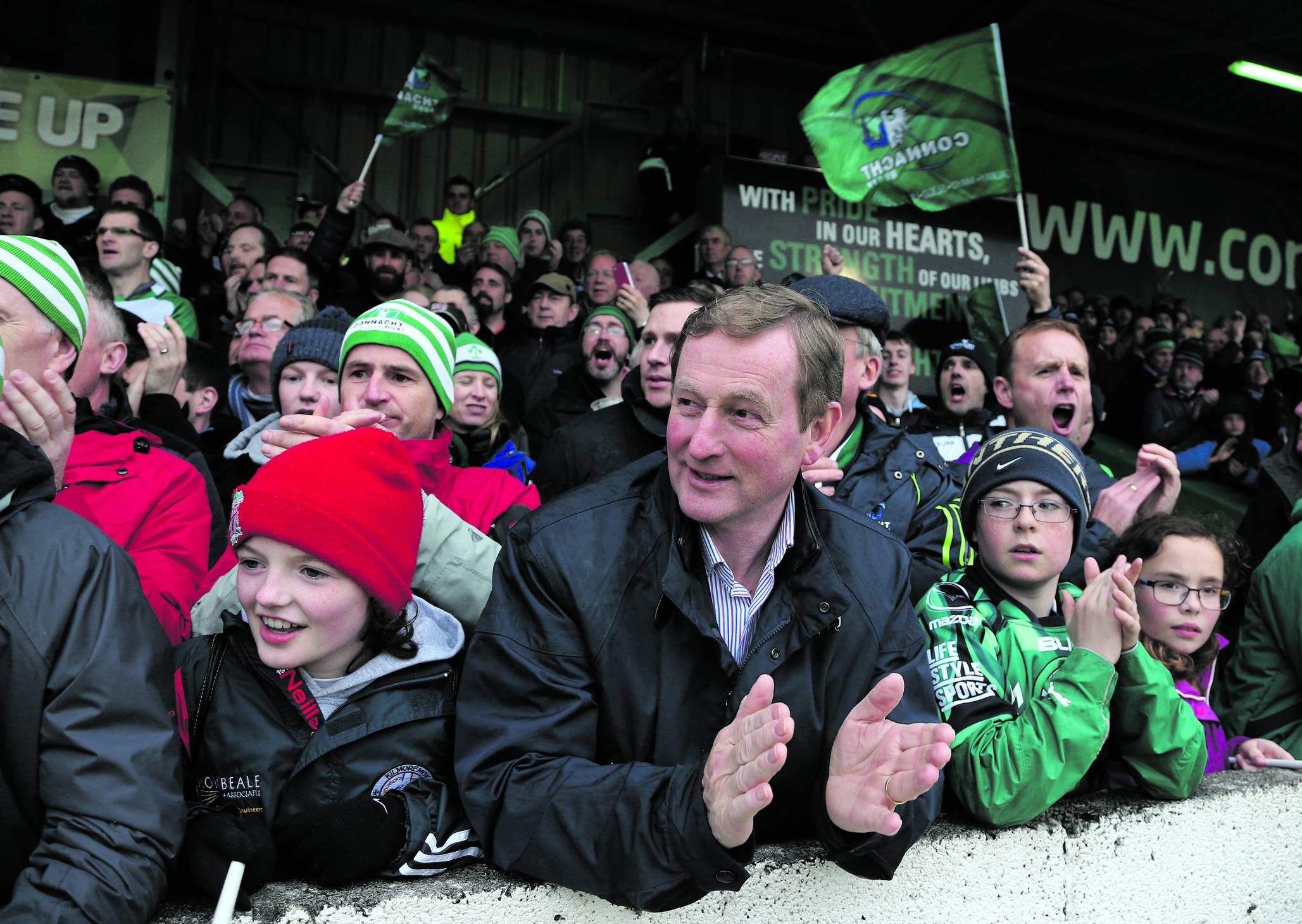 Scent of victory...Taoiseach Enda Kenny joined with supporters in the Clan Stand to watch Connacht defeat Glasgow Warriors 14-7 at the Guinness PRO12 game at the Sportsground. Photo: Joe O'Shaughnessy.