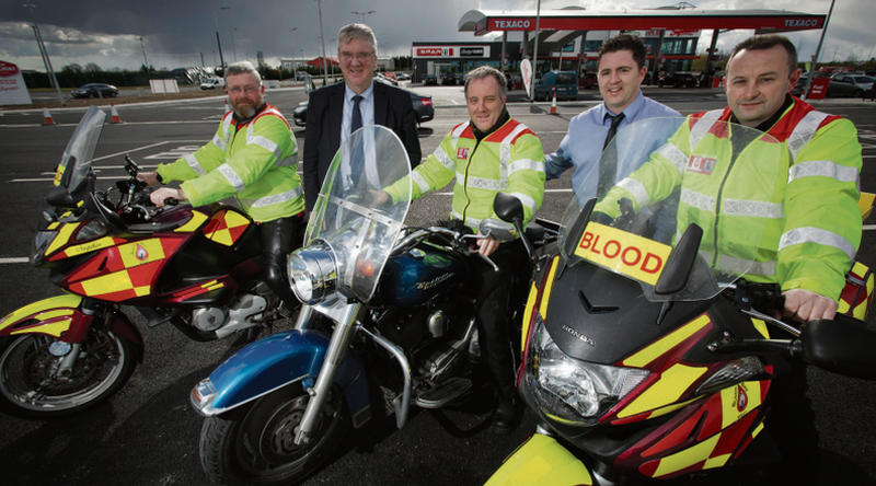 Michael Rooney, Supermacs MD Pat McDonagh, John Moylan, Galway Plaza Site Manager Paul Kennedy and Ray Connelly get ready to ride at Biker Fest West which takes place on Sunday, May 15, from 2pm to 5pm in The Galway Plaza. Biker Fest West sponsored by The Galway Plaza and Supermacs will raise funds for Blood Bike West the voluntary service which delivers vital blood and tissue samples around the country. Photograph by David Ruffles