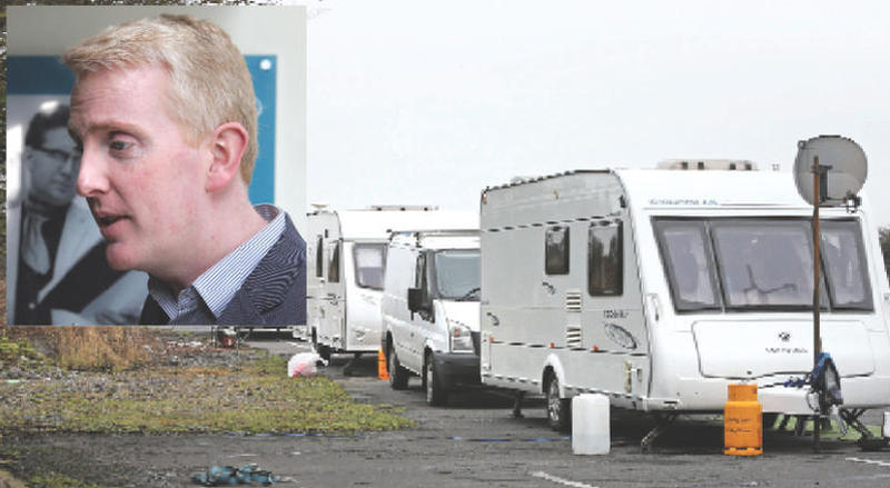 Travellers caravans parked at Galway Airport in part of the ongoing row over accommodation and (inset), former TD Derek Nolan: "You wouldn't believe the nastiness from people when I discuss Travellers".