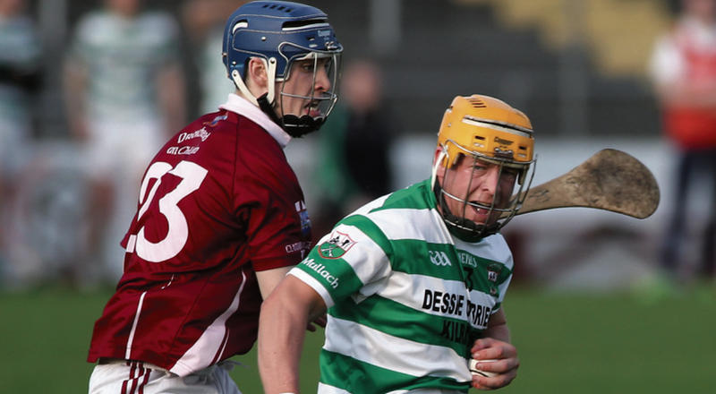 Mullagh's Davy Glennon comes under pressure from Shane Bannon of Clarinbridge during Friday's senior hurling championship clash at Kenny Park. Photos: Joe O'Shaughnessy.