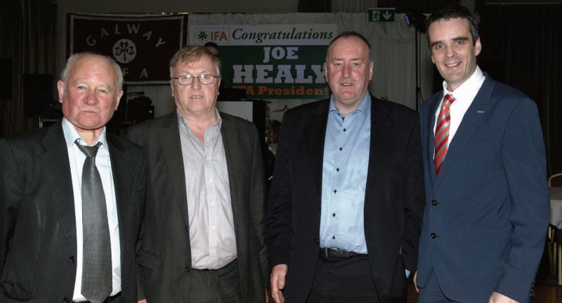 John Donnelly, Galway; John Dillon, Limerick and John Bryan, Kilkenny – all ex-presidents of the IFA – pictured with new president Joe Healy at his celebration night in the Lough Rea Hotel last weekend.