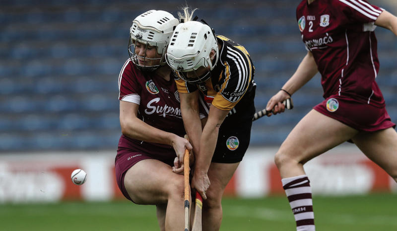 Galway goalkeeper Shauna Burke bravely denies Kilkenny's Shelley Farrell in the opening-half of Sunday's National Camogie League final in Thurles. Photo: Ryan Byrne/INPHO.