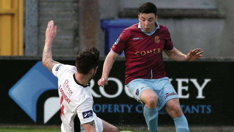 Galway United's Kevin Devaney and Darren Dennehy of St Patrick's Athletic tussling for possession during Tuesday's Premier Divison tie at Eamonn Deacy Park. Photo: Joe O'Shaughnessy.