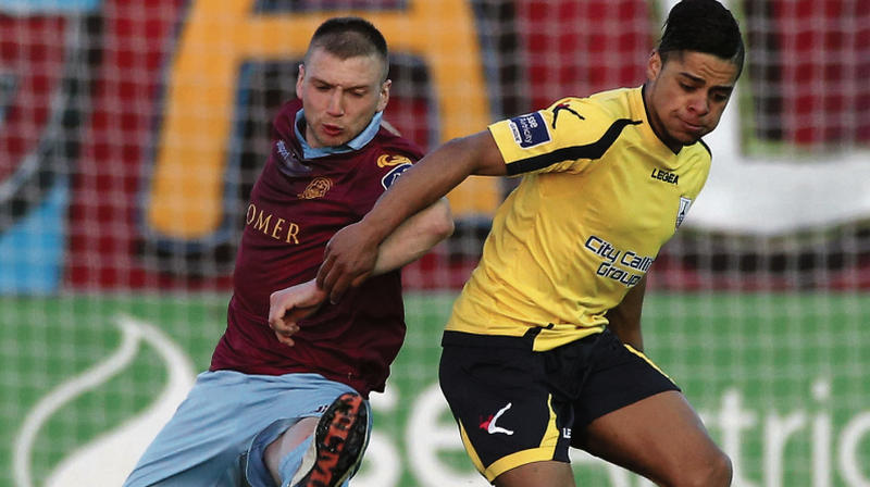 Galway United's Stephen Walsh tussling for possession with Longford Town's Kaleem Simon during Friday night's Premier Division tie at Eamonn Deacy Park. Photo: Joe O'Shaughnessy.