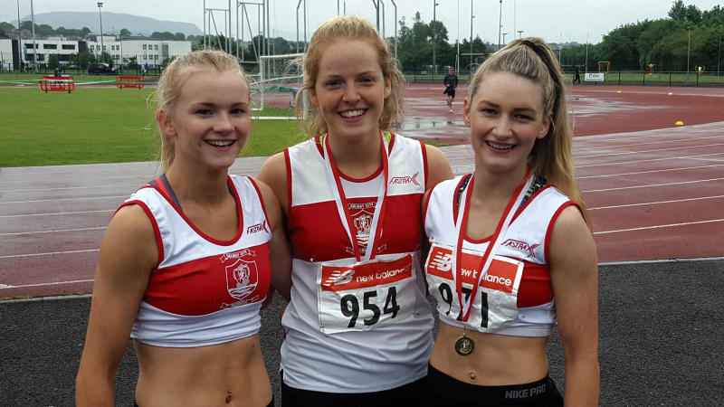 Galway City Harriers athletes Laura Ann Costello (gold 200m senior), Roisin Flynn (gold in U-18 100m, 200m and 400m), and Nicole King (gold in the U-19 200m).