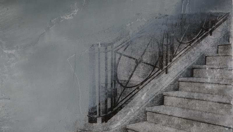 A depiction of the staircase at Earlsfort Terrace, by Noelle Gallagher, an oil and digital print on traditional gesso.