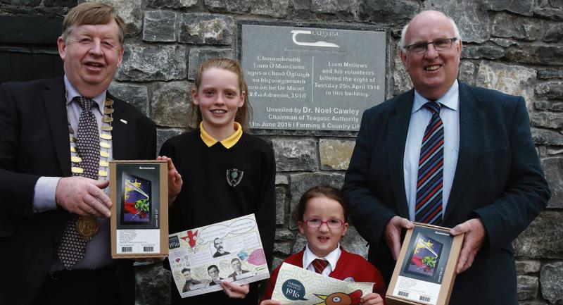 Farming and Country Life 1916’ GPO Treasure Hunt prizewinners Ailish Burke (11) from Coldwood National School and Eabha Corcoran (8) from Carnaun National School receiving their tablets from Cllr. Michael Connolly, Cathaoirleach, Galway Co. Council and Professor Michael Diskin, Head, Animal and Bioscience Research Department, Sheep Enterprise Leader, Teagasc. PHOTO: HANY MARZOUK.