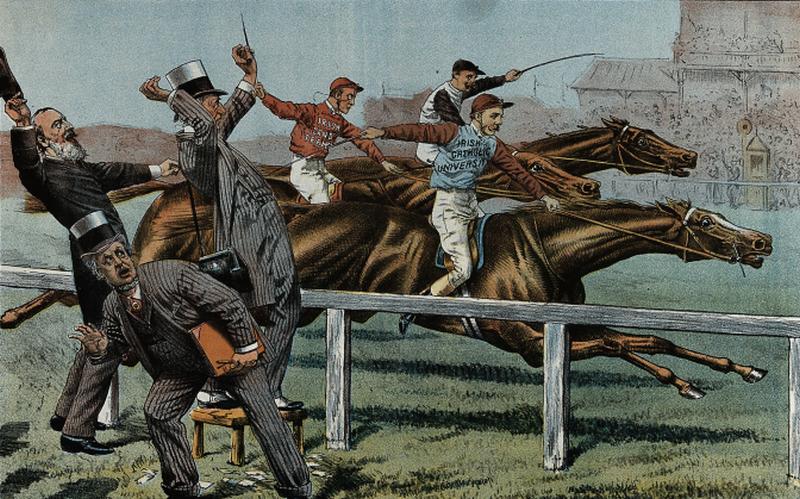 A cartoon from the late 1800s showing both elated and distraught bookmakers at the finish of the 1889 UK St. Leger. Image: Wellcome Library, London.