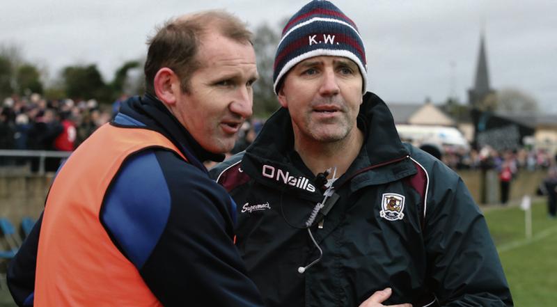Roscommon joint manager Fergal O'Donnell congratulates his Galway counterpart Kevin Walsh after losing the Connacht FBD League Final at Tuam Stadium last January.