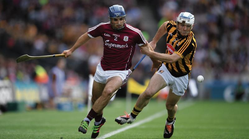 Galway defender Johnny Coen battling for possession with Kilkenny's Jonjo Farrell during the recent Leinster Final. The Tribesmen take on Clare in Thurles on Sunday.