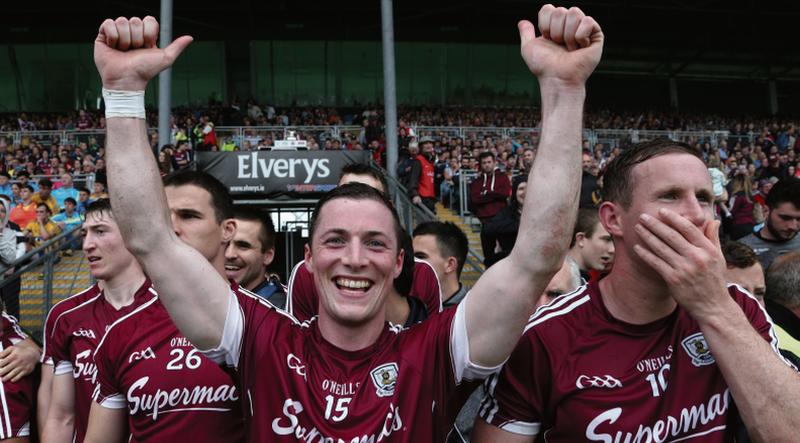 Galway players, Man of the Match Danny Cummins, and Gary Sice celebrate their Connacht Final replay triumph over Roscommon at McHale Park on Sunday. Photo: Joe O'Shaughnessy.