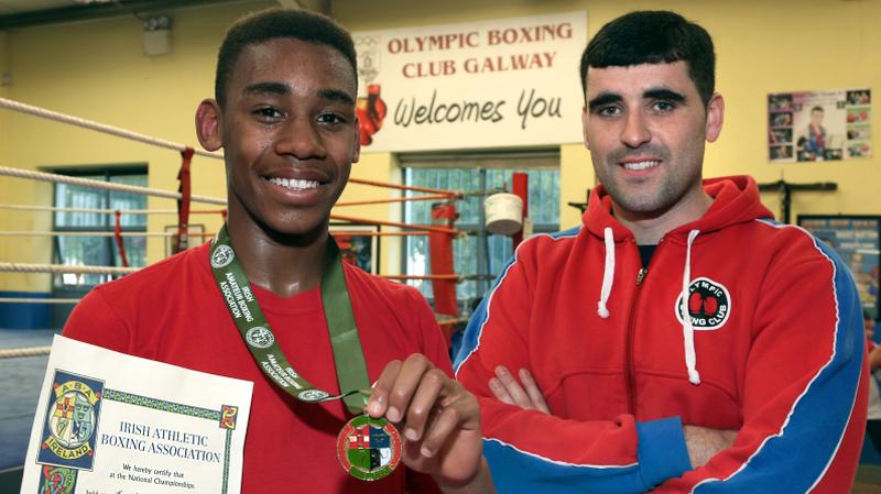 Olympic Boxing Club's Gabriel Dossen, National Under 18 Champion (64kg), with his coach Michael Mongan.