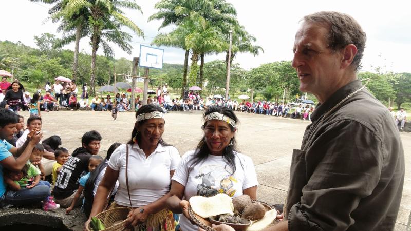 Galway human rights lawyer, Brendan Tobin receiving gifts of traditional food from tribal women. “Casement’s work is not finished. Until these people are really secure, his work is not done,” he says.