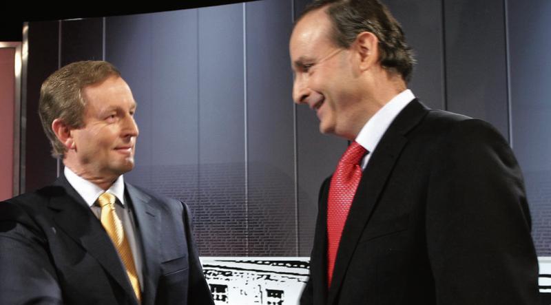 Shake hands...Taoiseach Enda Kenny and Fianna Fail leader Michael Martin before a TG4 leaders’ debate.