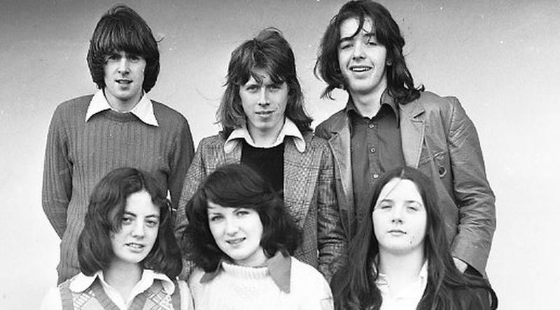 Participants in the Pop Section of Slogadh Reigiunach an Iarthar, held in Teach Furbo in February 1975 were (front, from left): Karina McGrath, Marjorie Delaney and Ita Kelly. Back: Brendan Doran, Joe Barrett and Declan Kennedy.