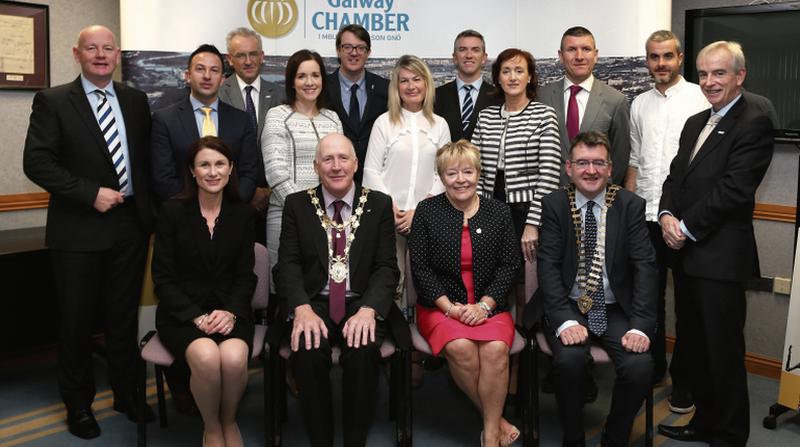Pictured at the launch of the eighth Galway Chamber Business Awards were, standing from left: Brian Sheridan Port of Galway, Kieran Shrahan, Vhi, Joe OÕNeill Galway City Council, Niamh Costello, Galway Technology Centre, Cllr. Niall McNelis, Maeve Joyce, Galway Chamber, Evin Cusack, AIB Bank, Mary Ryan, WestBIC, Sean Farrell, Bank of Ireland, Donnacha Cahill, Sculptor, and David Hickey, Galway City Tribune and Connacht Tribune. Seated: Mary Considine, Shannon Airport, Mayor of Galway, Cllr. Noel Larkin, Carmel Brennan, Judging Panel, and Conor O'Dowd, President of Galway Chamber.