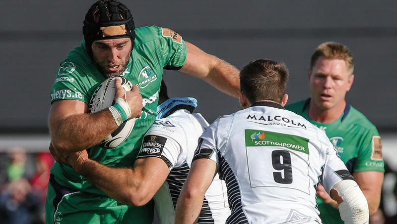 Connacht captain John Muldoon trying to make some hard yards against Glasgow Warriors' Alex Dunbar and Henry Pyrgos, during Saturday's Guinness PRO12 tie at the Sportsground. Photos: Joe O'Shaughnessy.