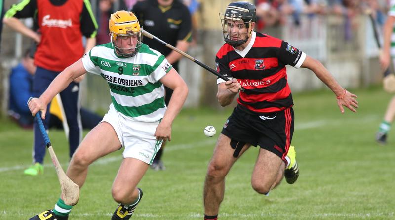 Mullagh's Davy Glennon and Cappataggle's Alan Loughnane are in the thick of the action during Saturday evening's senior hurling championship tie at Duggan Park. Photo: Joe O'Shaughnessy.