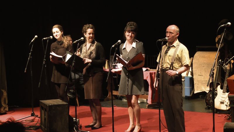 The cast of the musical version of Playboy of The Western World. From left: Eilish McCarthy, Helen Gregg, Grace Kiely, and Diarmuid De Faoite.