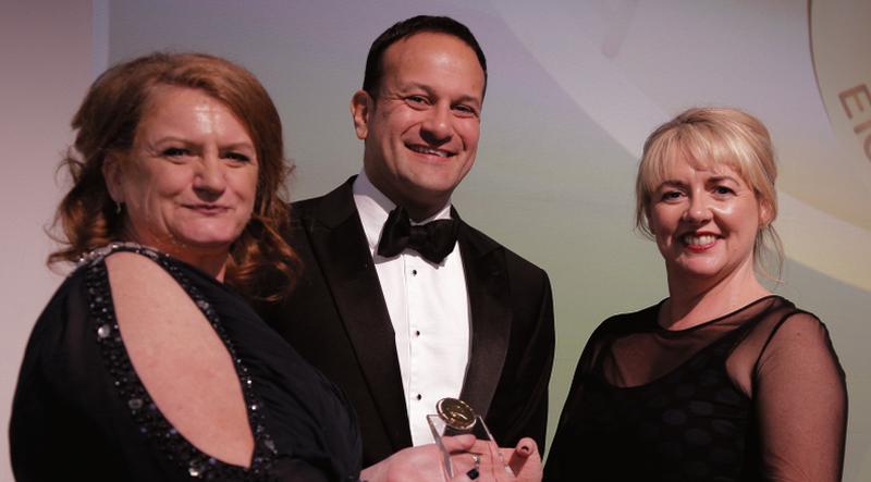 Ursula Owens (right) of the Clada Group accepts the trophy for Best Food and drinks manufacturer in Ireland for Quality Management Systems at this year’s National Q Mark Awards from Minister for Social Protection , Leo Varadkar and EIQA MD Irene Collins.