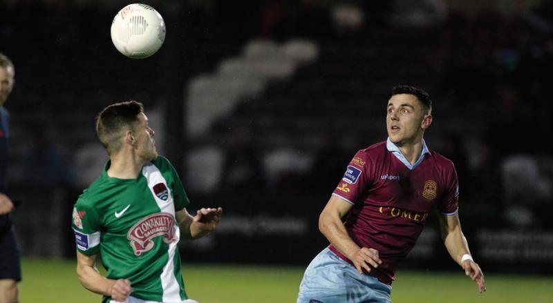 Galway United's Enda Curran launching an attack against Cork City during the clubs' Premier Division clash at Eamonn Deacy Park on Saturday night. Photo: Joe O'Shaughnessy.