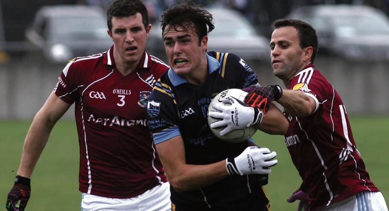 Salthill-Knocknacarra’s John Maher tries to fend off the challenges of Cortoon-Shamrocks' David Finnegan and Derek Savage during Sunday's senior football semi-final at Tuam Stadium. Photos: Enda Noone.