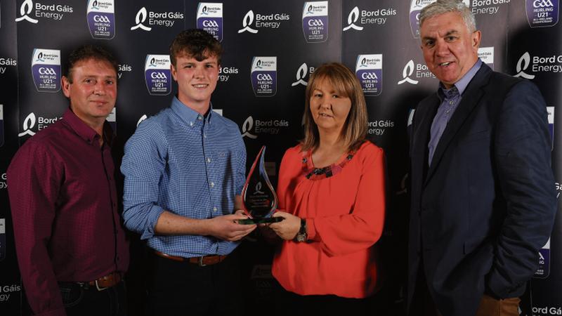 Galway's Brian Molloy, with his parents Kevin and Ann, after being presented with his Bord Gáis Energy All Ireland Hurling U-21 Team of the Year Award by Ger Cunningham, Bord Gáis Energy.