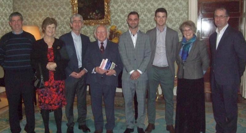 Oranmore native and RTE Chief News Editor Ray Burke (third left) presents copies of his two books – Press Delete, the history of the Irish Press, and Joyce County, the story of the places around Galway associated with James Joyce and Nora Barnacle – to President Michael D Higgins at Aras an Uachtarain, joined by Ray’s brother Charles (Oranmore), wife Marian, son Cathal, son Chris, sister Gabrielle and brother Gerard (Oranmore).