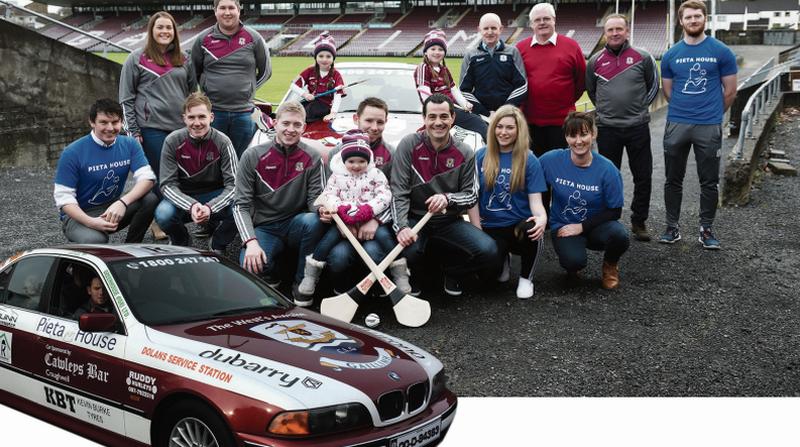 The Charioteers, who take to the road for Pieta House, pictured in Pearse Stadium last Saturday. Back row: Lisa Porter, Noel Kelly, Aoibhinn Moynihan, Caoimhe Moynihan, Michael Larkin (Galway Hurling Committee Chairperson), Padraic Cawley (main sponsor), Eamonn Gilligan and John Hanbury (Galway hurler). Front row: Joe Burke (Pieta House), Brendan Ruddy, Cian Larkin, Damien Ryan, Keeva Ryan, Rory Moynihan, Shauna Burke (Galway senior camogie player) and Donna Burke (Pieta House). Photo: Andrew Downes, Xposure. Inset: The Charity Chariot.(Missing from picture are Audrey Slevin and Aimee Flaherty),