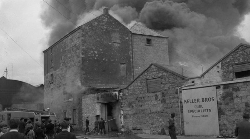 Galway Fire Brigade tackle a blaze at the Autolec premises in Forthill Street, off Victoria Place, Galway in 1967. Autolec manufactured batteries for cars and witnesses at the time reported a series of explosions as the fire spread.