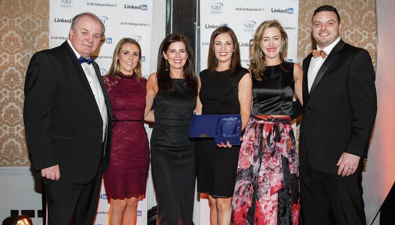 Staff members of Hero Recruitment, winners of Agency of the Year and Best in Engineering Science Pharma at the NRF Awards (from left) Cliona O'Malley, Michelle Kilcar, Deirdre Finnerty, Roisin McNamara, with Gavin Duffy (left) and Adam Roche of Encendo.
