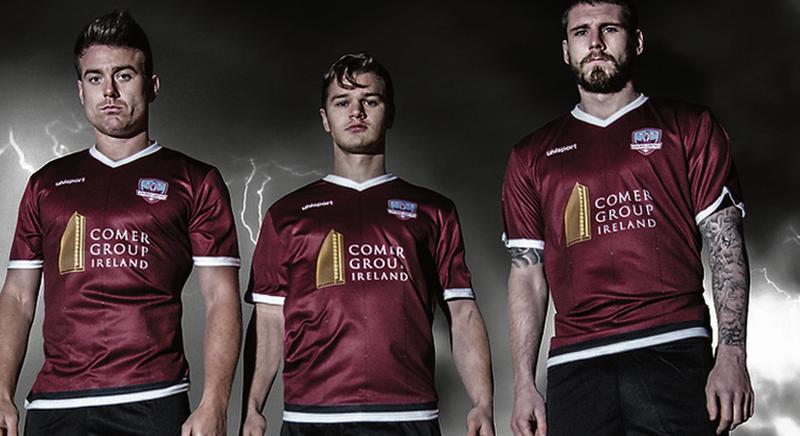 Galway United players Vinny Faherty, Colm Horgan and Stephen Folan modelling the team's new home jersey which is supplied by uhlsport.