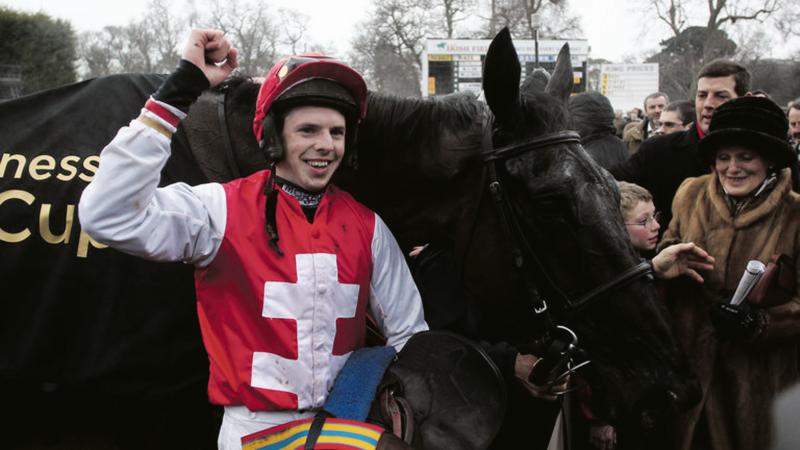 Galway jockey Alain Cawley celebrates his biggest career success after steering Joncol to victory in the Irish Hennessy Gold Cup at Leopardstown in 2010.