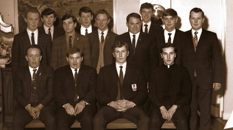 Members of the Caherlistrane Hurling Club Committee at the Club's annual social in the Sacre Coeur Hotel, Salthill, in January 1970 (standing, from left): P Madden, T Craddock, C O 'Brien, J Flanagan, T O 'Brien, P Mulroe, P Mahon, P Gorman. Seated: P O'Neill (Treasurer) P Lee (Chairman), P Craddock, (Secretary), and Bro K McHugh.