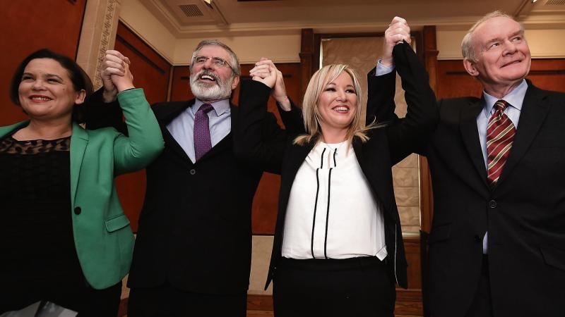 Michelle O'Neill is unveiled as the new Sinn Fein leader in the north at a press conference, where she shared centre stage with Mary Lou McDonald, Gerry Adams and her predecessor Martin McGuinness.