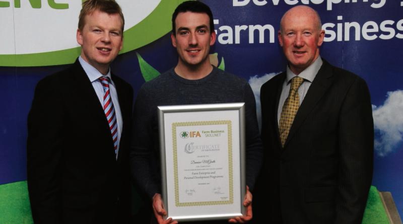 Damien McGrath (centre), Tuam IFA Branch, pictured receiving his Certificate for the IFA Young Leaders Programme delivered by Farm Business Skillnet with James Kelly, IFA Director of Organisation and James Murphy, Farm Business Skillnet, Chairman/IFA South Leinster Chairman.