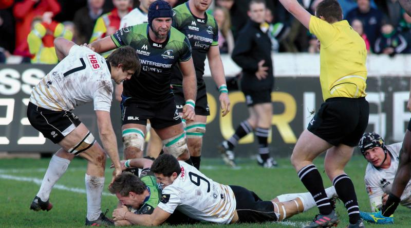 Kieran Marmion scores Connacht's fifth try in their 10-try rout of Zebre in the Sportsground on Saturday. Photos: Joe O'Shaughnessy.