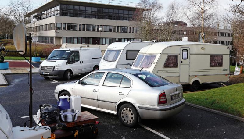 Traveller caravans on the grounds of Galway City Hall in February 2016. It didn't solve the issue of housing for memebrs of the Travelling community.