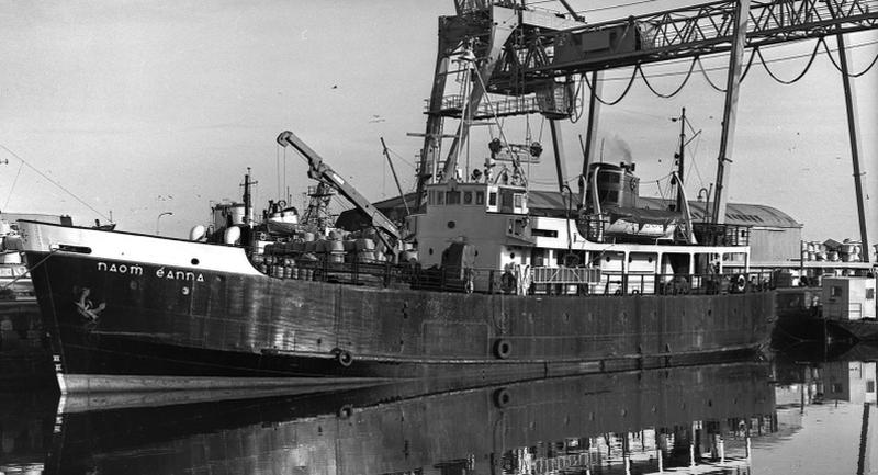 The Naomh Eanna ferry, which served the Aran Islands for decades, is pictured at Galway Port in 1980, with the huge container crane in the background which was never used as Galway Port failed to develop container traffic and became it something of white elephant.