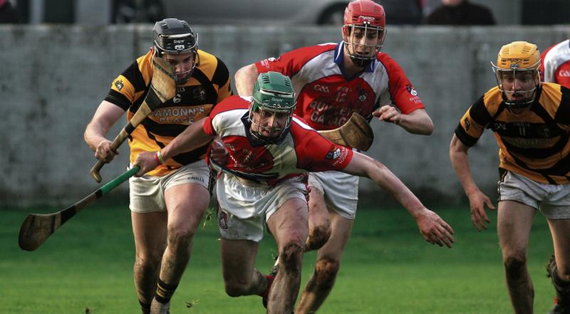 Ahascragh-Fohenagh's Stephen Kelly and Eoghan Delaney in a race for possession with Lismore's Ray Barry during the All-Ireland Club Intermediate hurling semi-final at Tullamore on Sunday. Photos: Enda Noone.